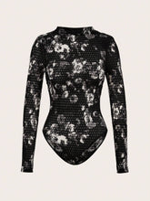 COSMINA Women Black & White Graphic Print Flare-Collar Bodysuit, Autumn